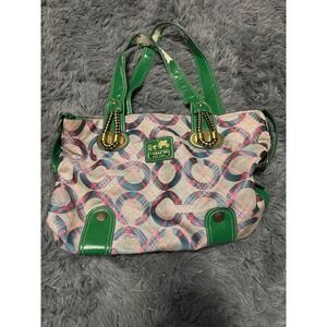 Coach Vintage Plaid Signature C Canvas Shoulder Bag Green Leather Trim No. 3268